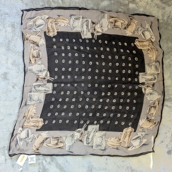 Vintage Talbots Coffee Espresso Cafe Japanese Silk Scarf Hand Rolled Novelty - Picture 1 of 13